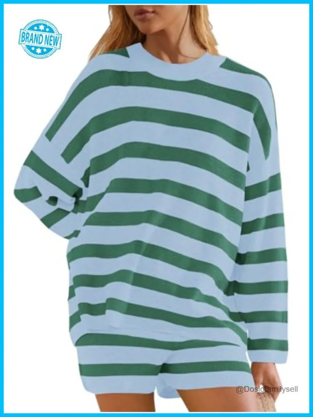 Matching Pajama Set Lounge Set Sweater Top and Shorts 2 Piece Striped